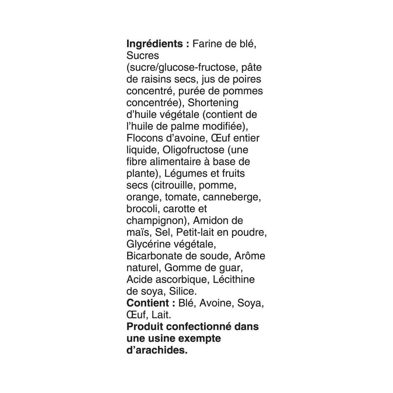 Bear Paws Fruit & Veggies Oatmeal Cookies, 168g/5.9 oz. Ingredients in French